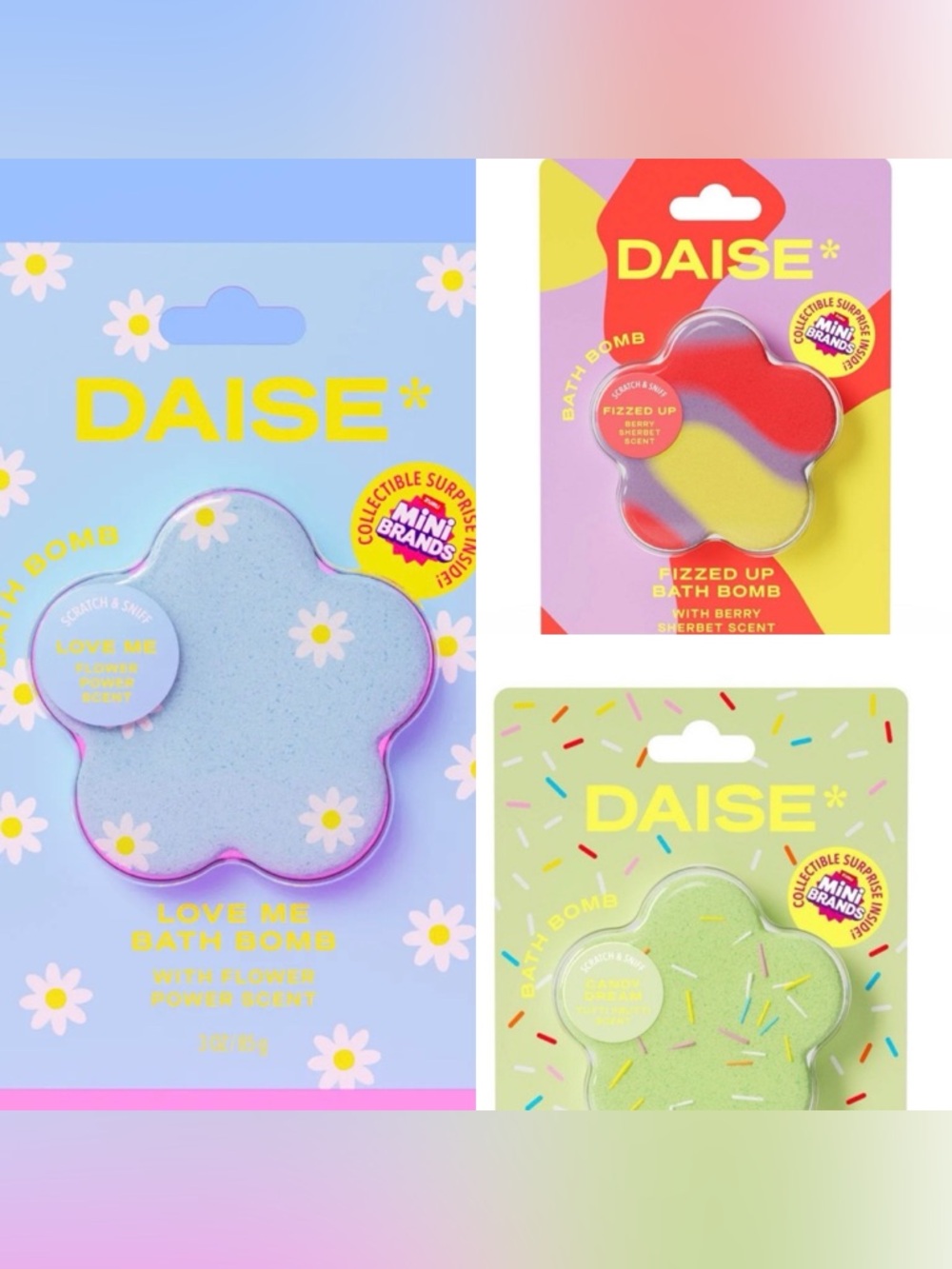 NWT! Set of THREE DAISE Flower-Shaped Bath Bombs in Pastel Blue, Red & Lime